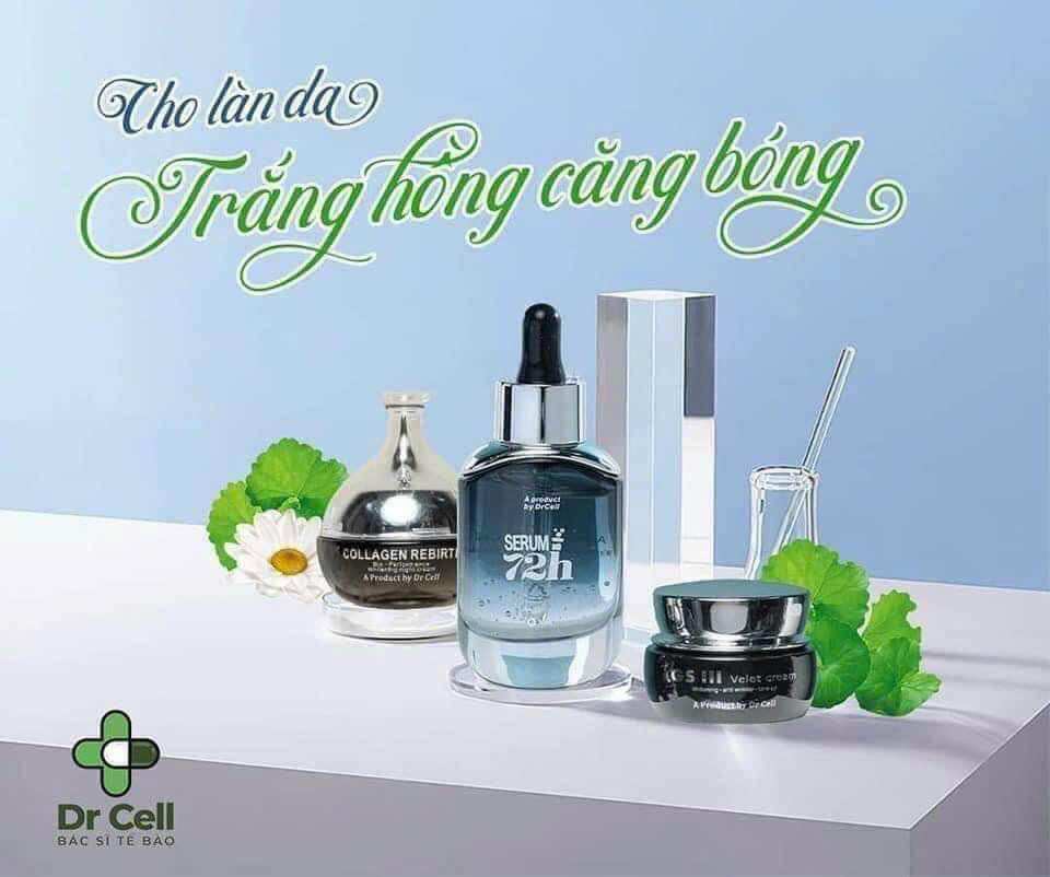 Combo trắng hồng căng bóng với bộ 3 sản phẩm serum 72h, kem ngày gsiii, kem đêm collagen ribirth của dr cell