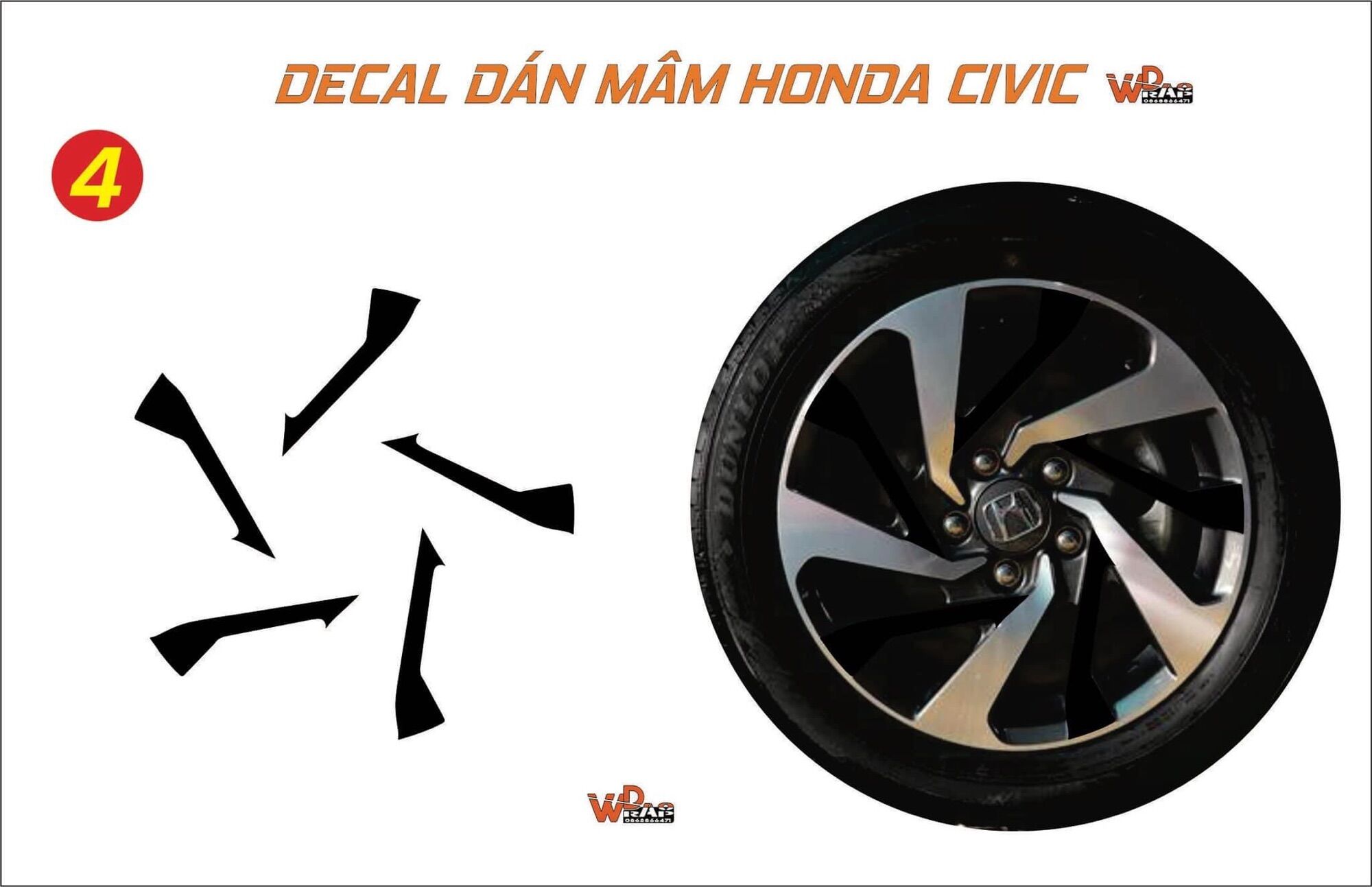 Bộ decal dán mâm Civic (5 bánh)