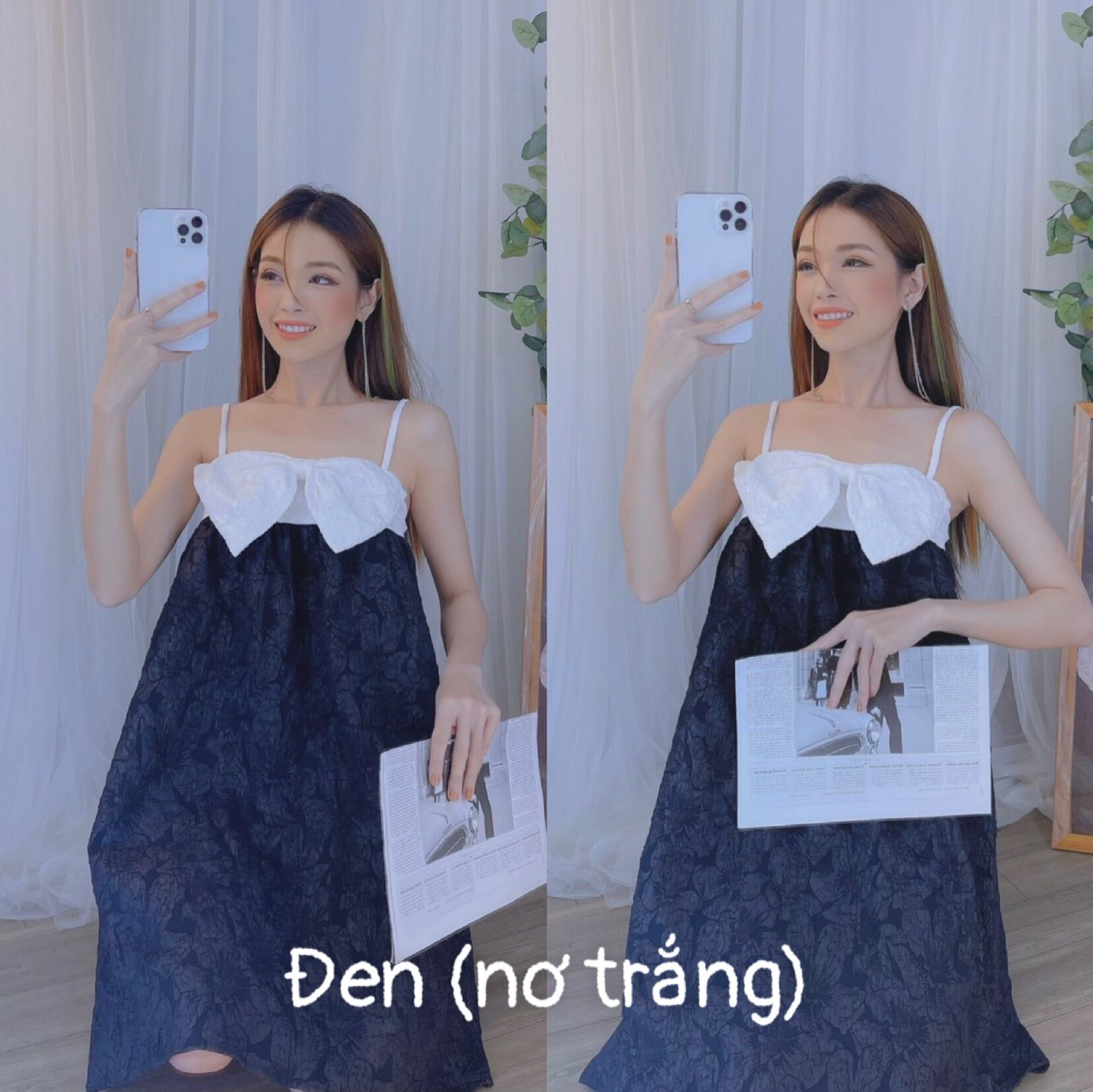 Đầm hai dây phối nơ chất gấm hoa cao cấp siêu hot