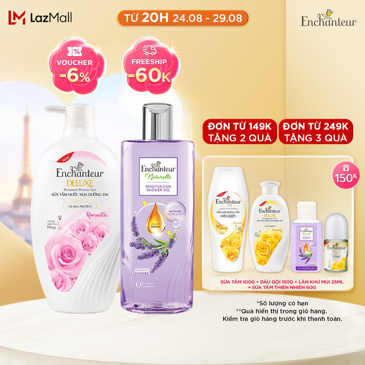 Combo Sữa tắm Enchanteur Naturelle hương hoa Lavender 260g + Sữa Tắm Nước Hoa Dưỡng Da Romantic 650G