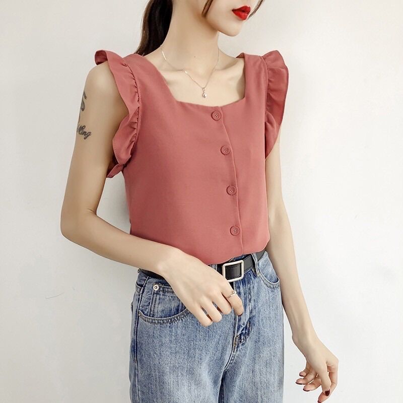 Áo 2 dây bản to viền bèo chất đũi nhật
