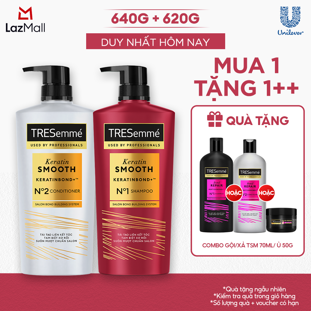 Combo Dầu Gội Và Dầu Xả TRESemmé Keratin Smooth Keratinbond+ Cho Tóc Khô Xơ Rối Vào Nếp Suôn Mượt 640g, 620g