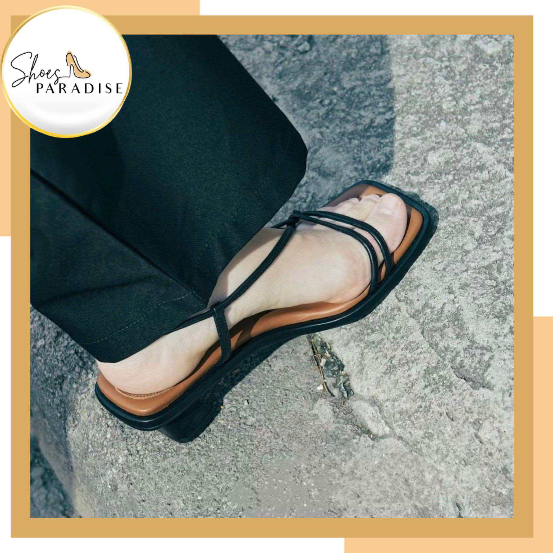 Giày sandal nữ 5cm thời trang Shoes Paradise gót vuông dây mảnh xoắn XK26