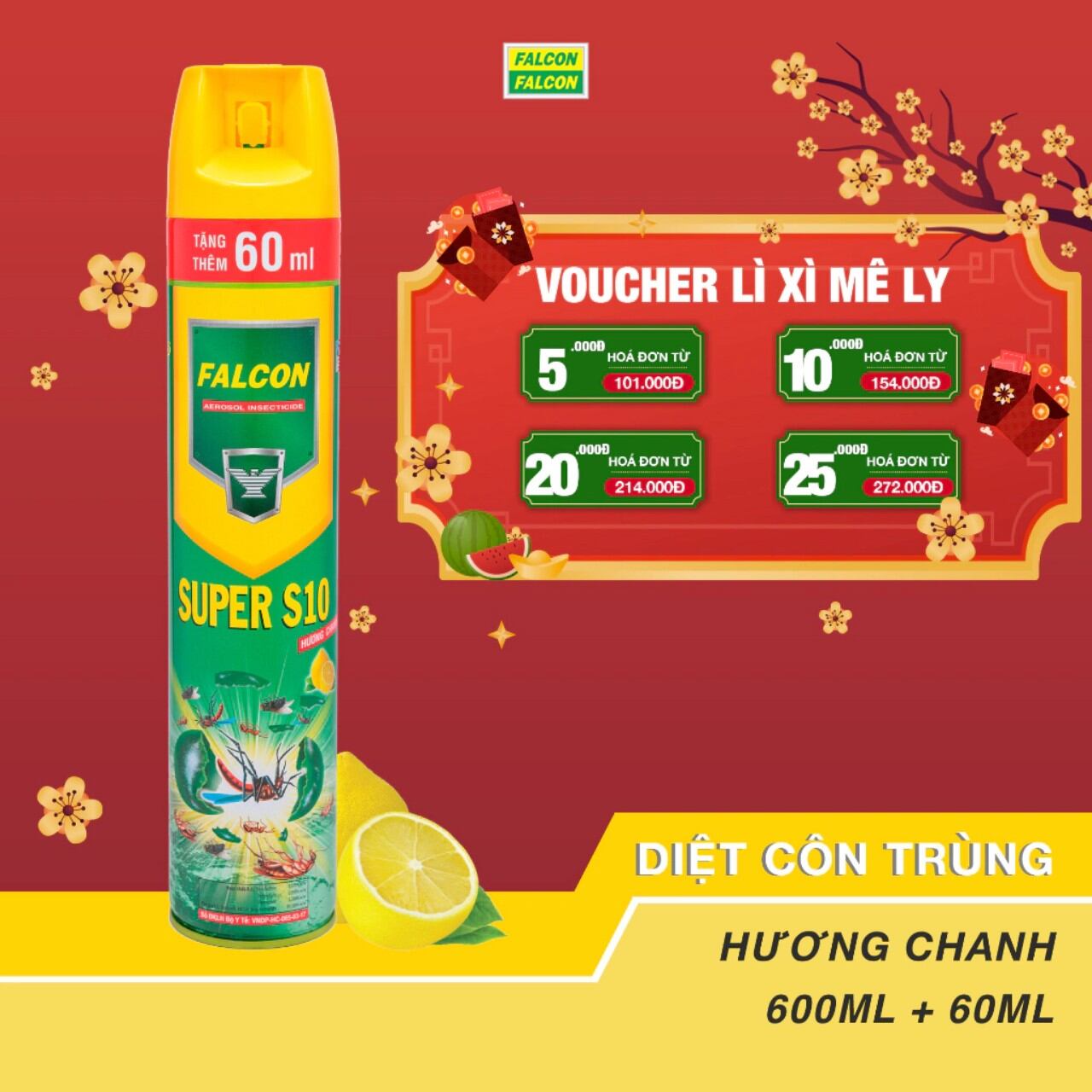 Bình xịt muỗi Falcon 600ml+60ml (hương chanh)
