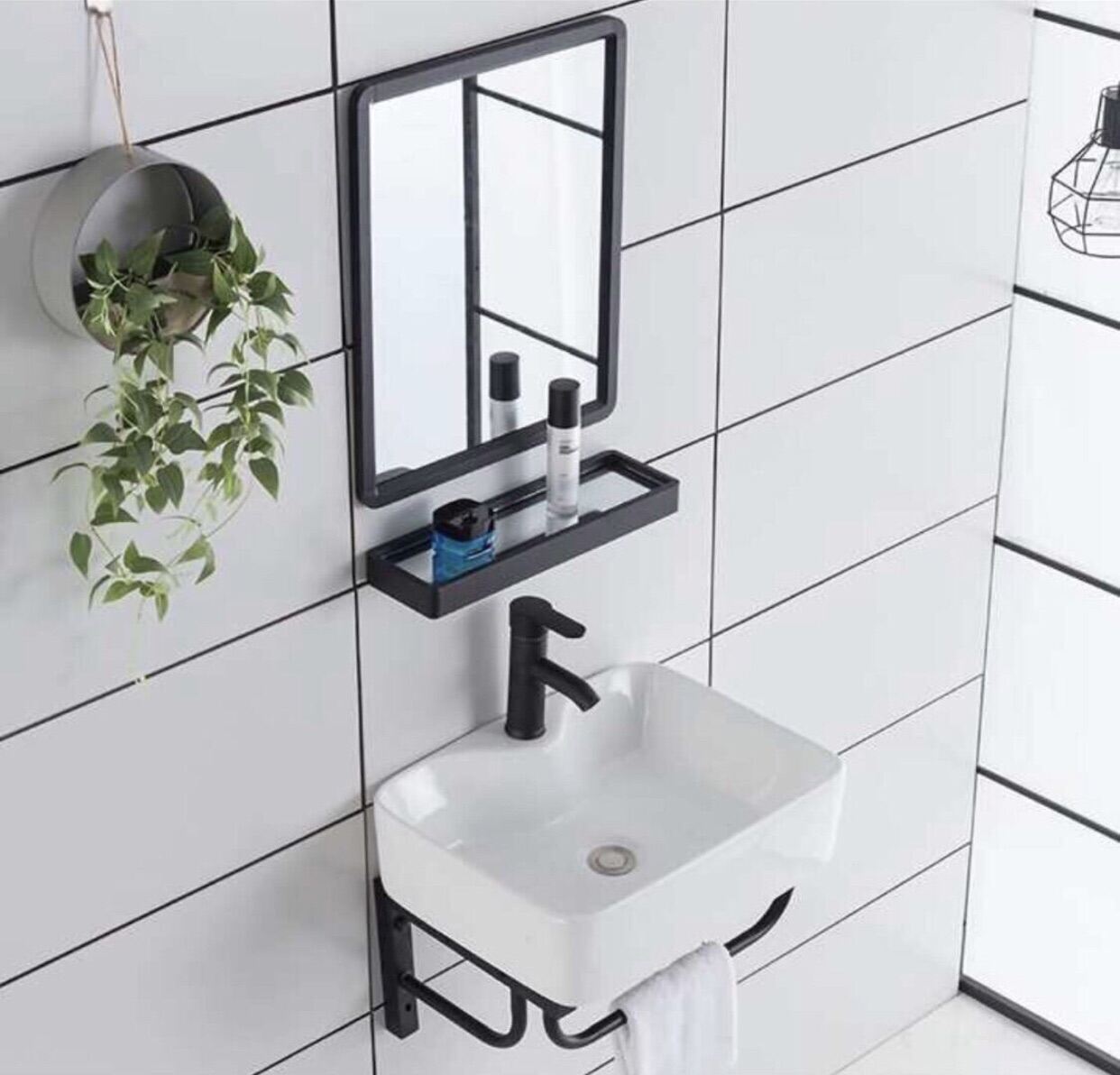 Bồn rửa mặt treo tường KỆ LAVABO RỬA MẶT 4 MÓN( gương+ kệ kính+ lavabo+khung treo)