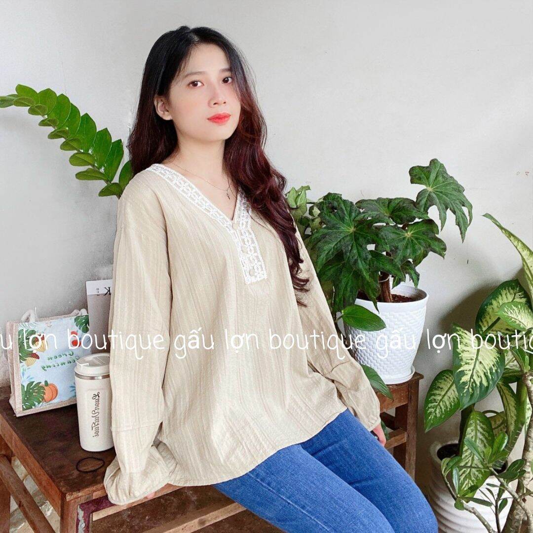áo sơ mi kiểu cổ v cúc bọc vintage ảnh thật