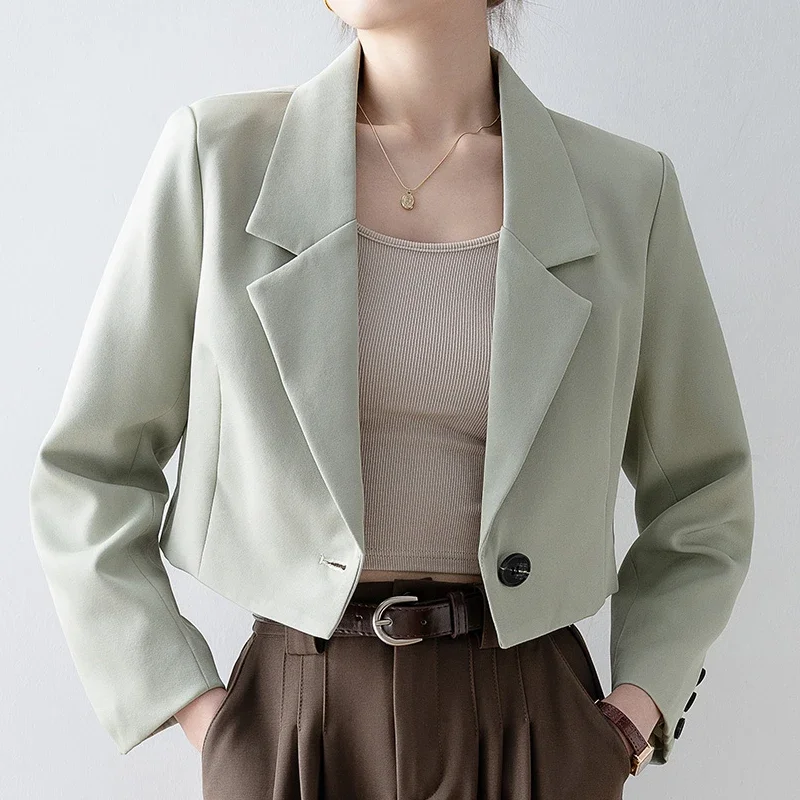 Nữ Hợp Thời Trang Nữ Công Sở Chắc Chắn Ngắn Áo Khoác Blazer Dài Tay Hàn Quốc Crop Topcoat Plus Kích Thước Áo Khoác Ngoài Thời Trang