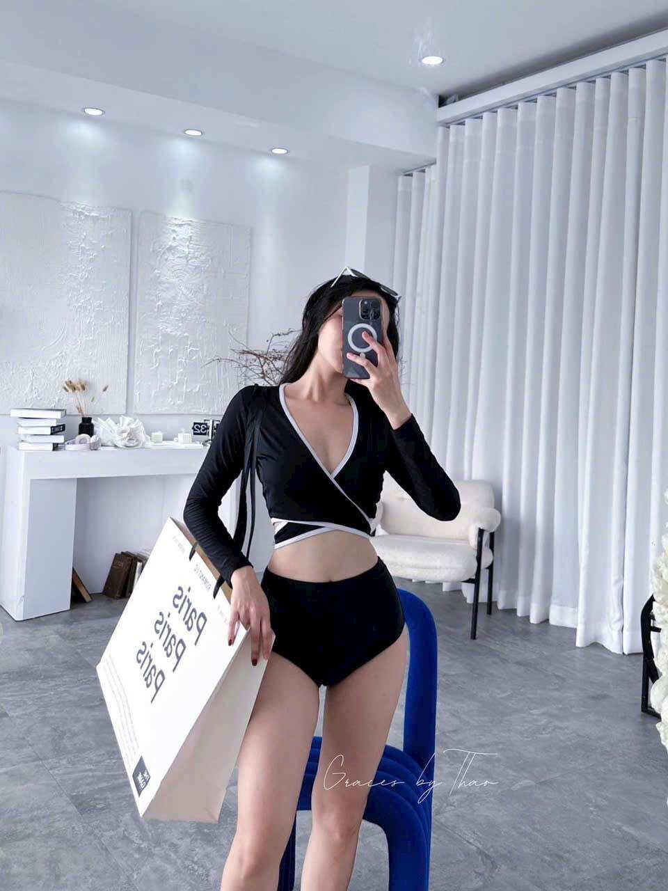 Bikini nữ 2 mảnh tay dài phối viền trắng dây cột nơ ngực quần lưng cao đi biển đẹp BIKINI Sài Gòn