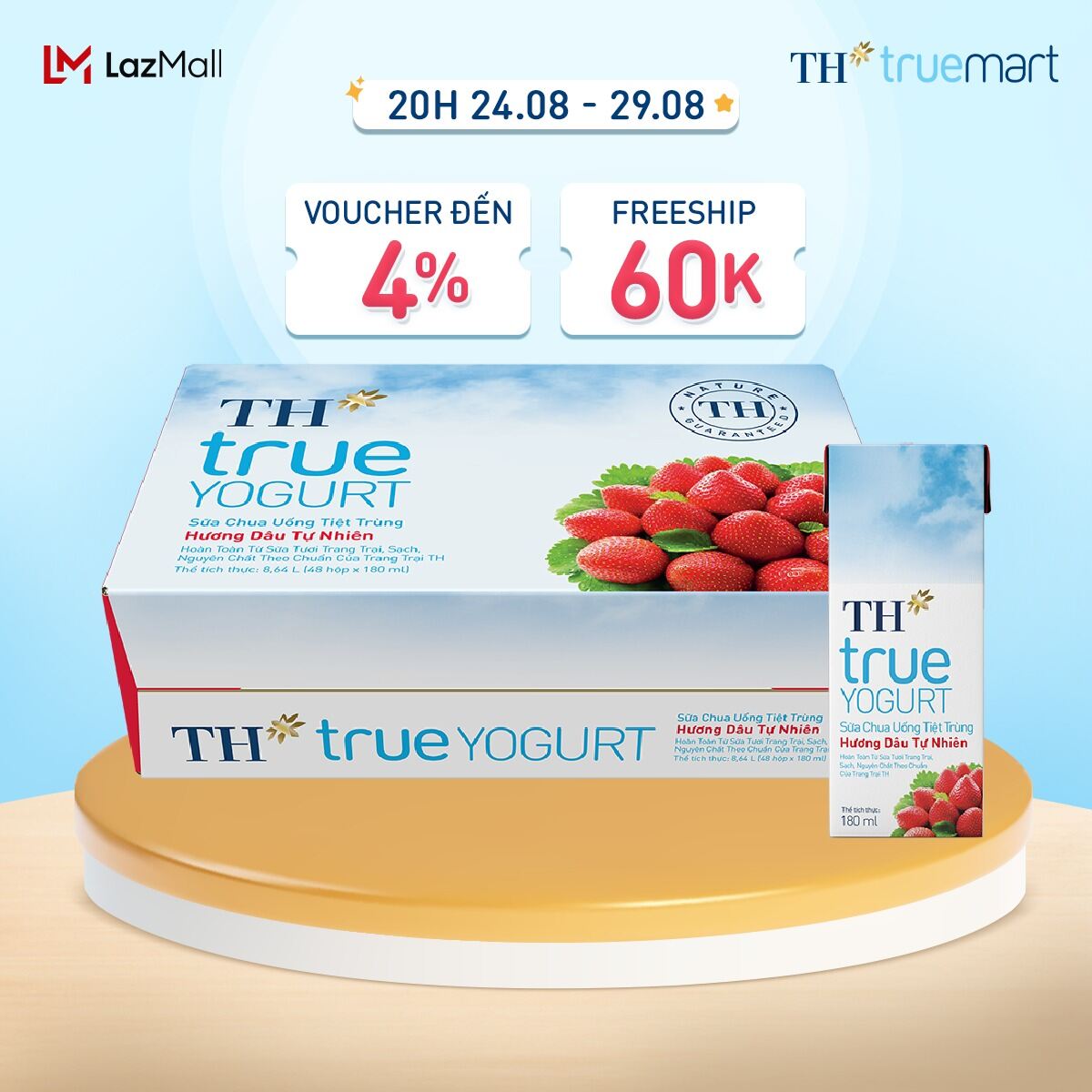 Thùng 48 hộp sữa chua uống tiệt trùng TH true YOGURT hương dâu tự nhiên 180 ml