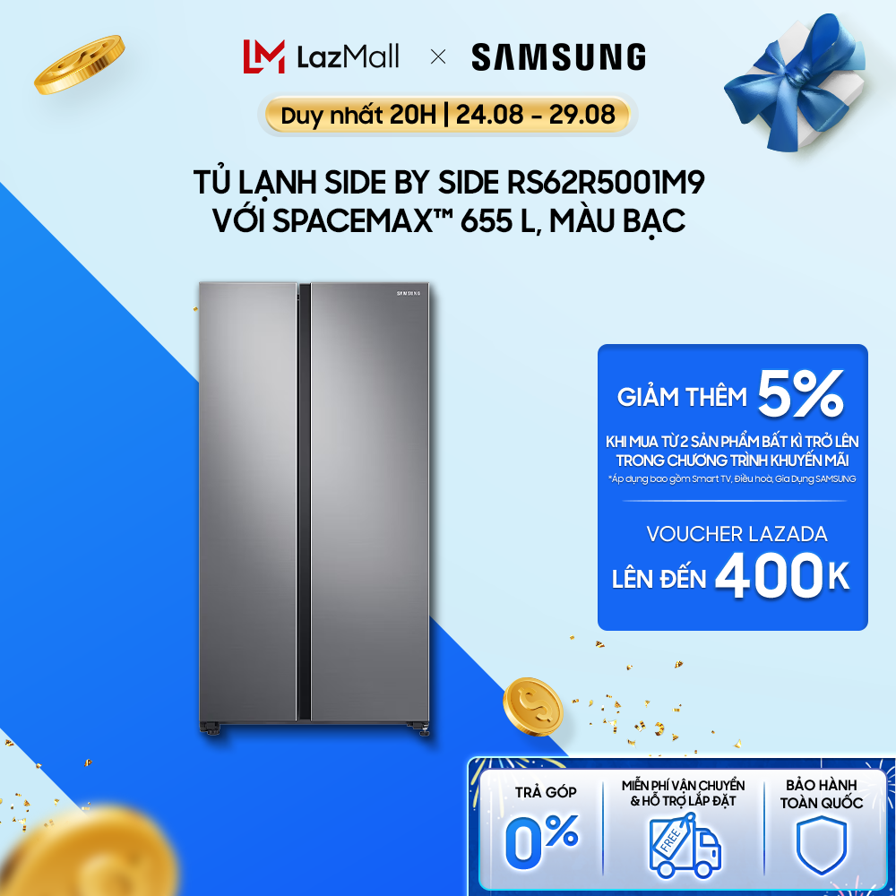 Tủ lạnh samsung side by side với spacemax 655l màu bạc rs62r5001m9/sv