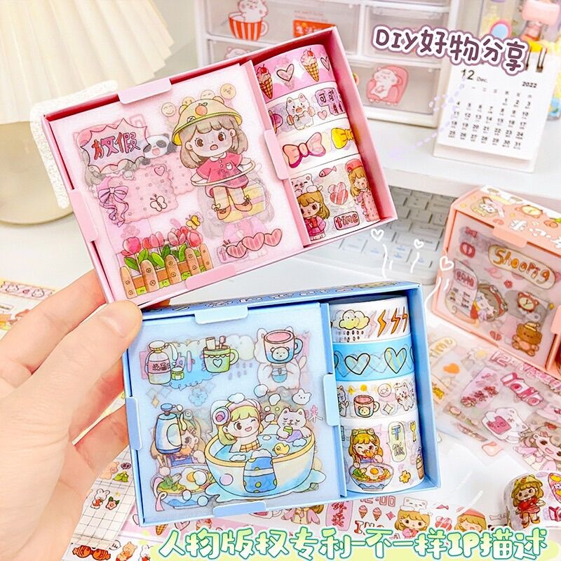 Hộp 4 tấm sticker và 4 cuộn washi