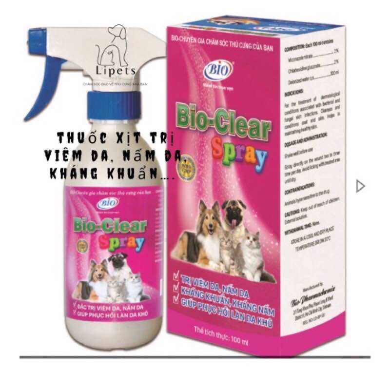 Chai xịt hỗ trợ viêm da nấm da thú cưng chó mèo bio-clear spray chai 100ml