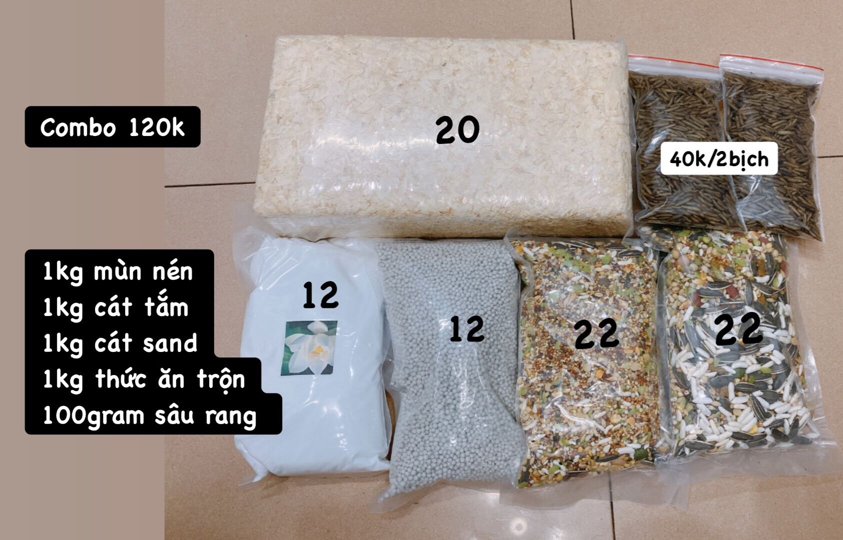 1kg mùn cưa ,1kg thức ăn trộn cho hamster , 1kg cát tắm, 1kg cát sand , 100gram sâu rang