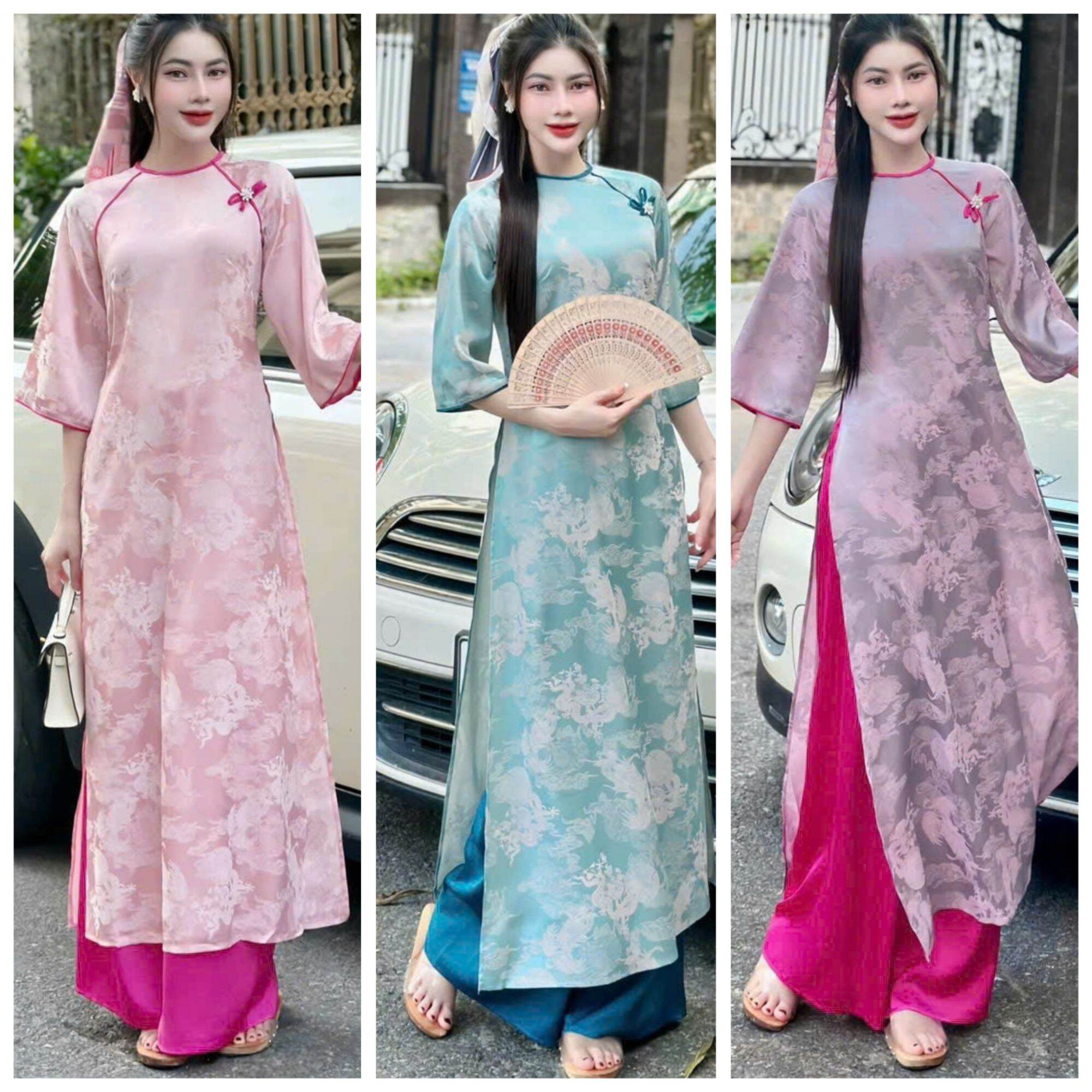 Sét áo dài gấm hoa cao cấp đính phụ kiện phối quần cực xinh, chất Gấm hoa cao cấp quần tuyết nhung, 3 màu y hình (Sét áo dài thiết kế siêu xinh)