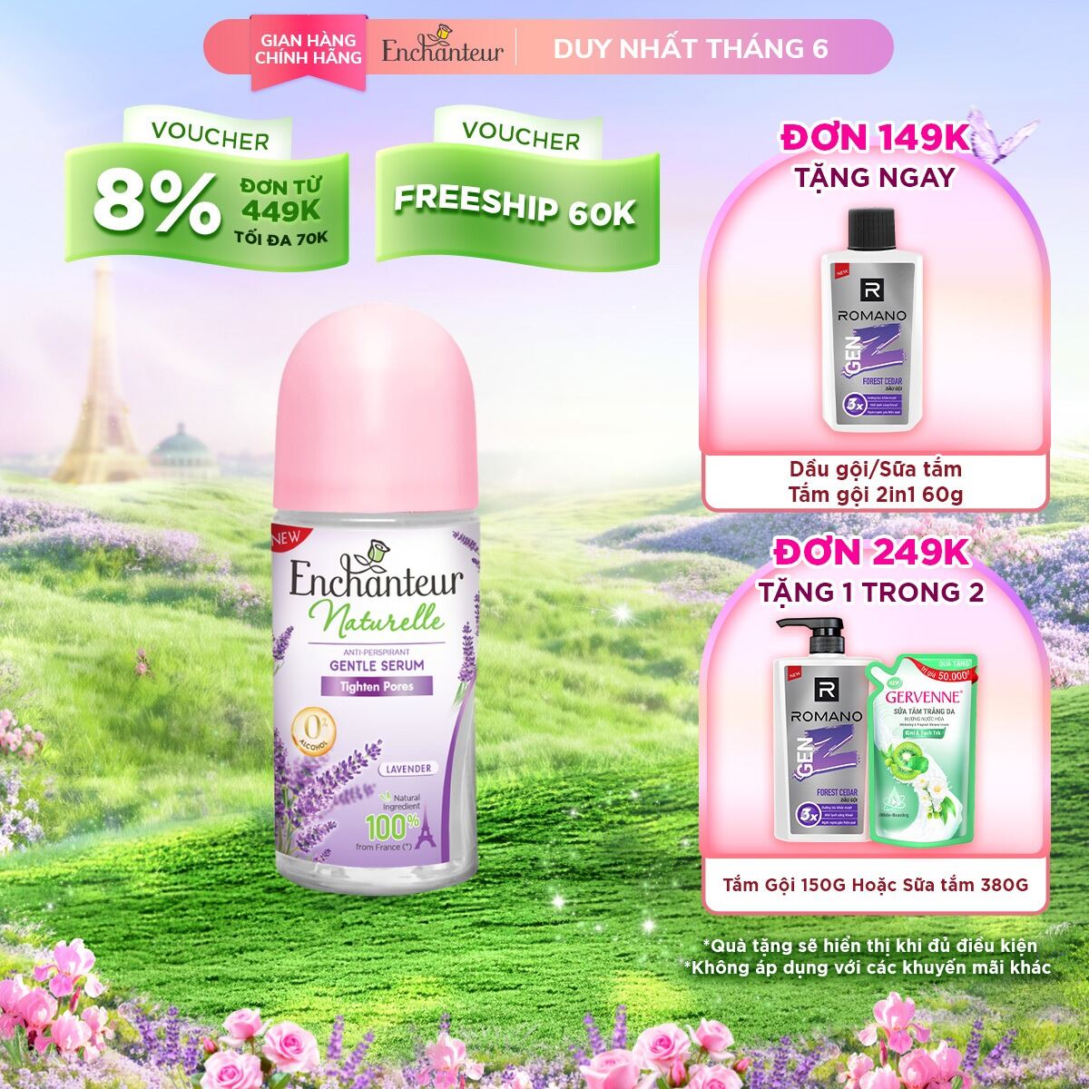 Serum khử mùi thiên nhiên dịu nhẹ Enchanteur Mịn màng  Săn chắc da hương hoa hồng Pháp 50ml