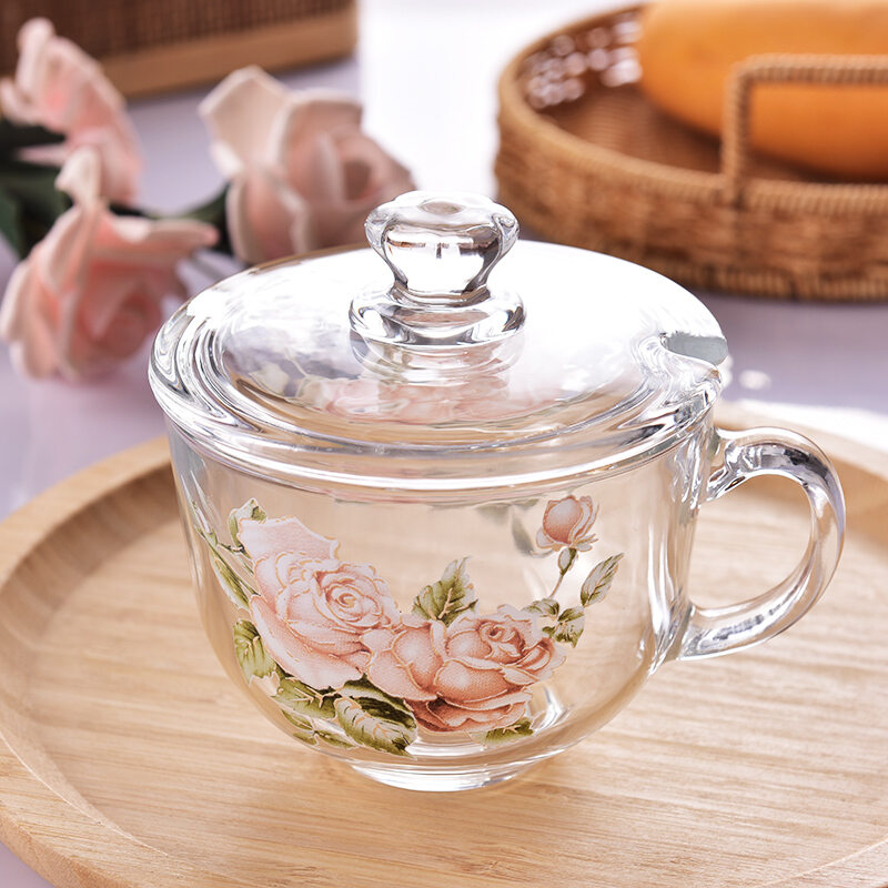 Cốc thủy tinh chịu nhiệt hoa hồng vàng hàn quốc cốc nước cốc trà cốc trà cốc cà phê cốc yến mạch sữa bò bữa sáng