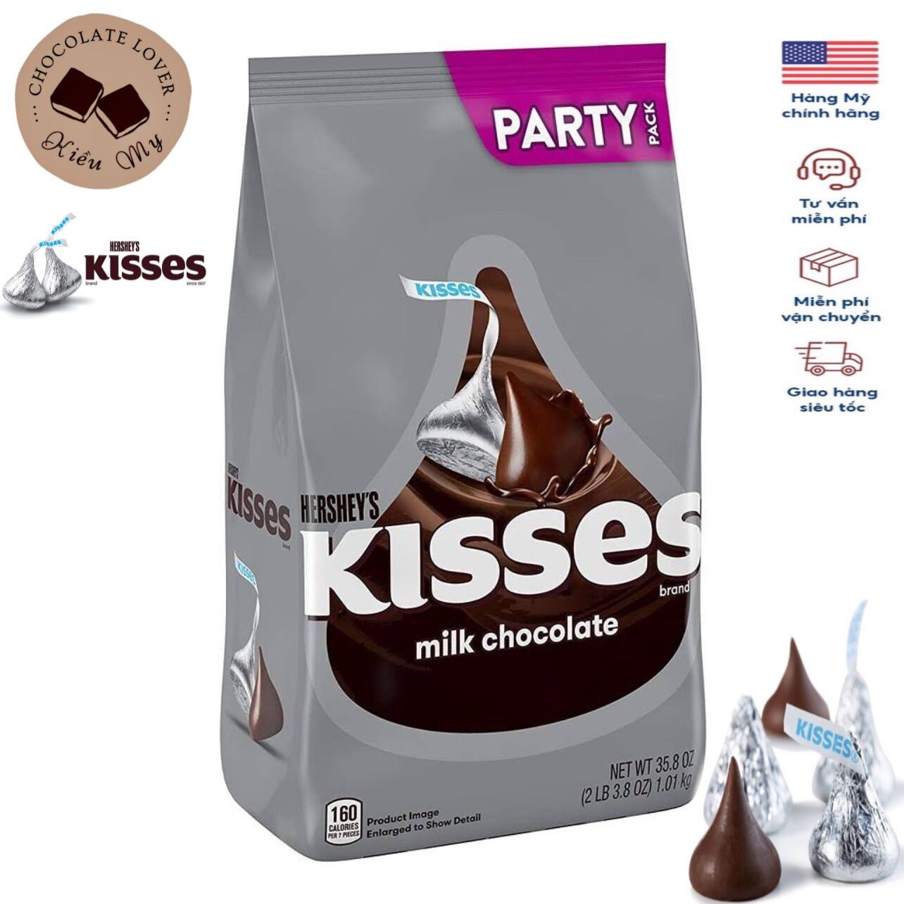 [ Có đá Gel giữ nhiệt] Kẹo Socola Mỹ sữa Hershey Kisses 1kg ( socola núm vú)