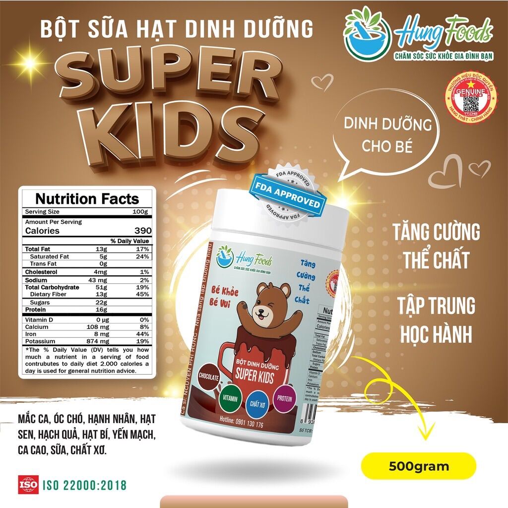 Bột Sữa Hạt Super Kids - Hộp 500g, Bột Dinh Dưỡng Cho Bé - Hung Foods