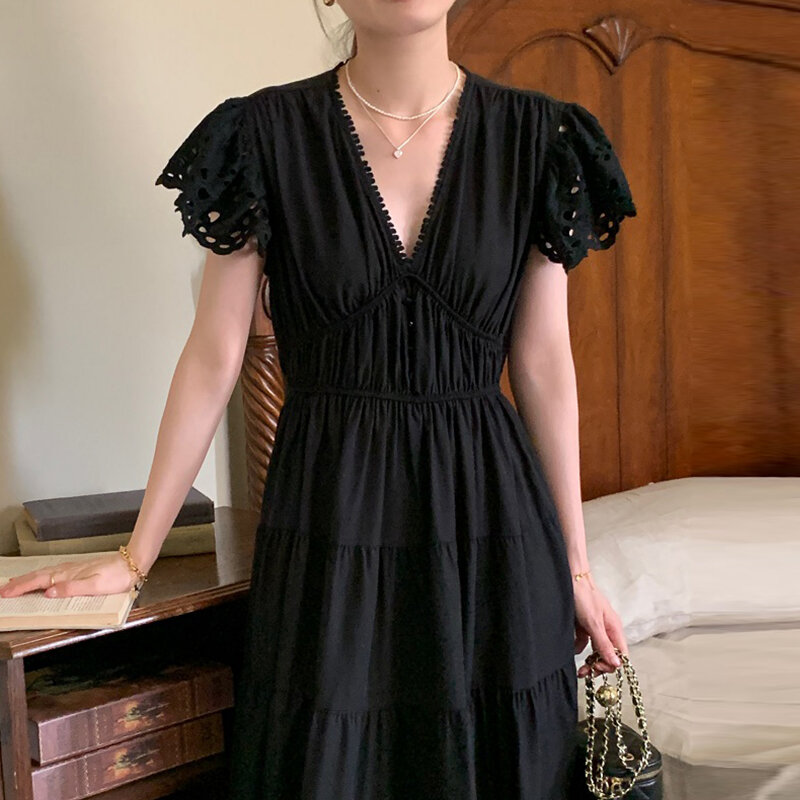 Cổ chữ v thanh lịch cut-out chi tiết dài mùa hè cho nữ cao cấp feifei tay đơn tủ quần áo chủ lực