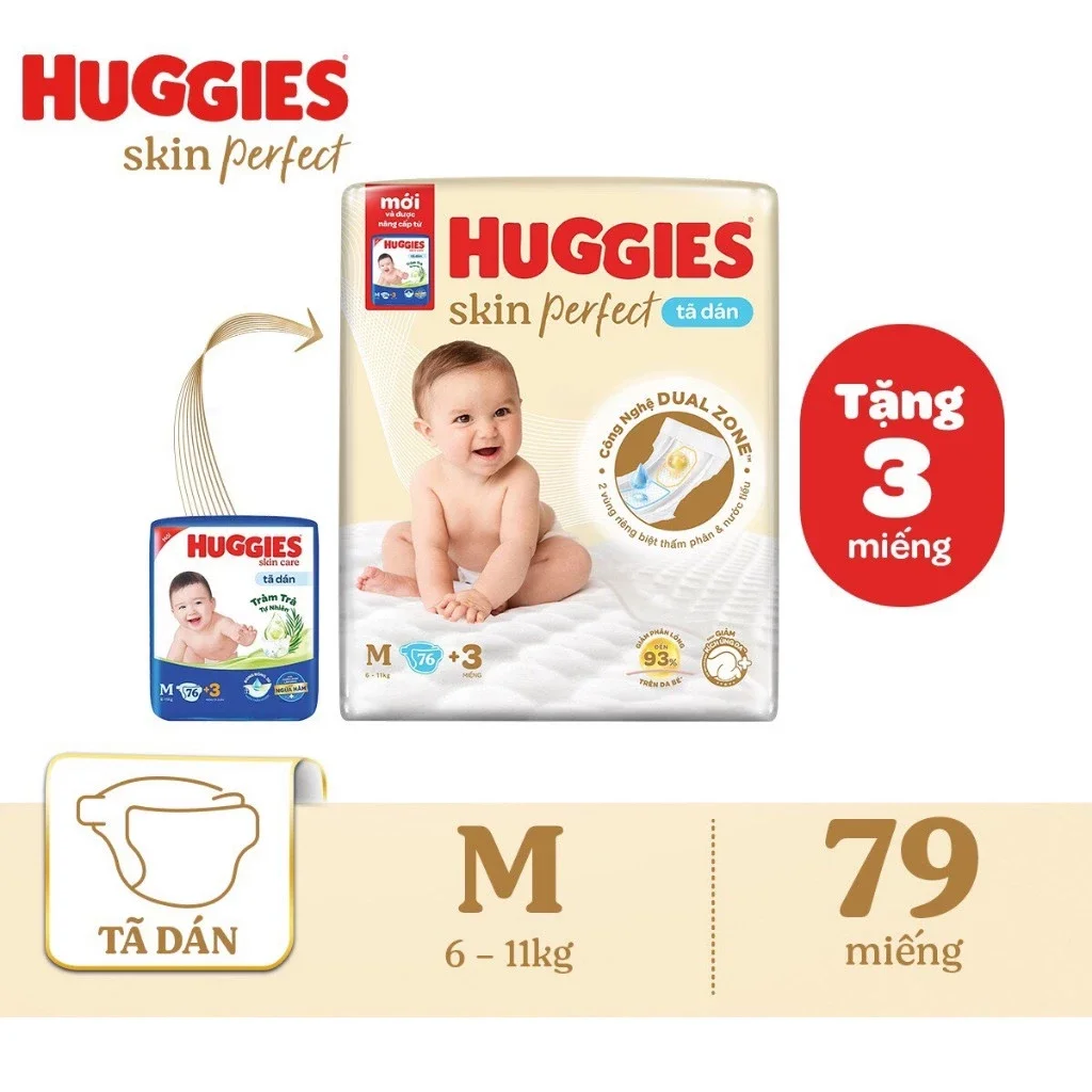 tã dán huggies skin perfect M76+3/L68 mỏng 0.2cm