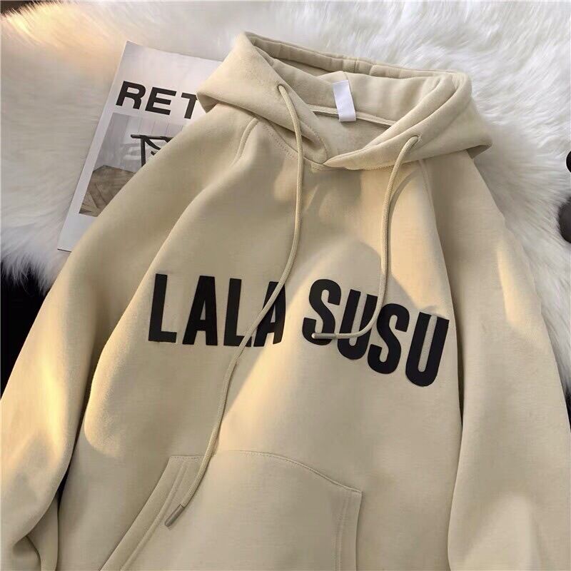 Áo khoác hoodie unisex Lala Susu - hinata97_shop - Áo có mũ form rộng chất vải nỉ ấm phong cách ullzzang 2 màu nâu, xám