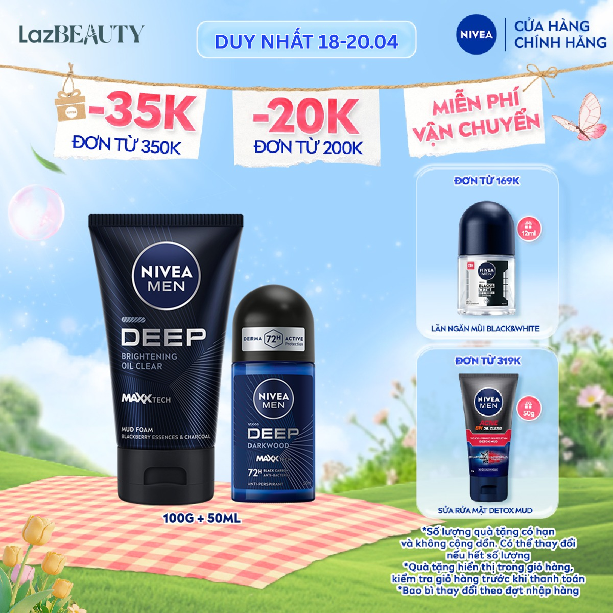 Bộ Đôi Sữa Rửa Mặt và Lăn Ngăn Mùi NIVEA MEN Deep Than Hoạt Tính 50ml - 84415+80031
