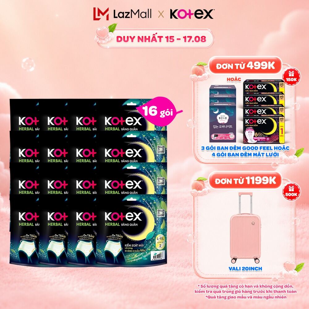 Combo 2/Combo 5/Combo 8/Thùng 16 gói/Băng vệ sinh quần Kotex Ban Đêm Thảo Dược Herbal L-XL 2 miếng