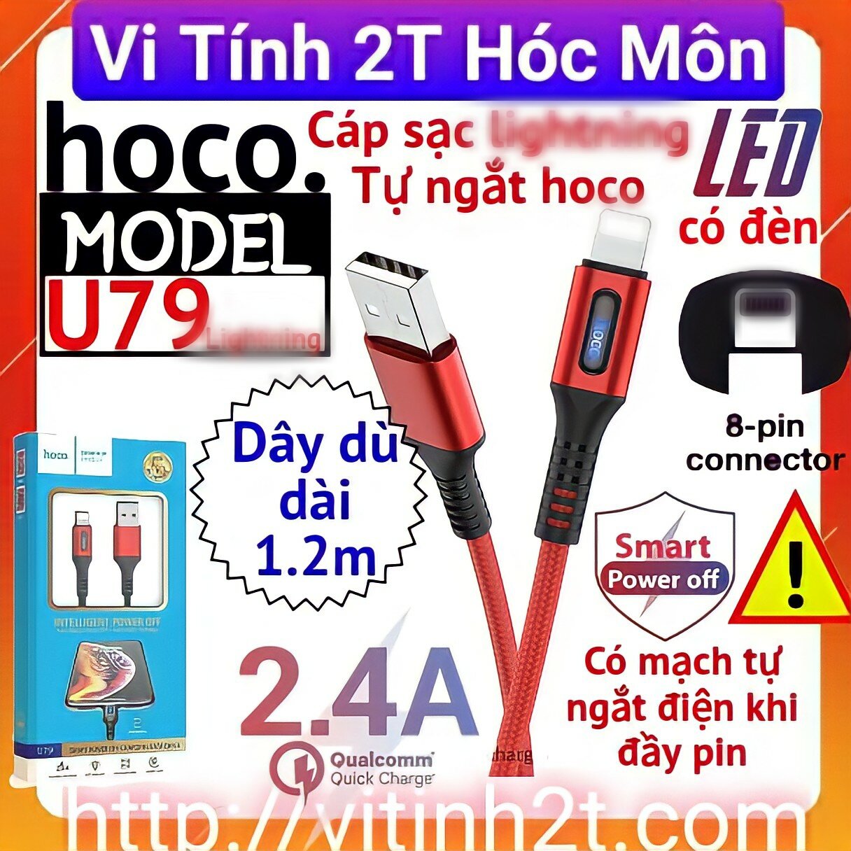 Cáp sạc nhanh 2.4a tự ngắt hoco u79 ip