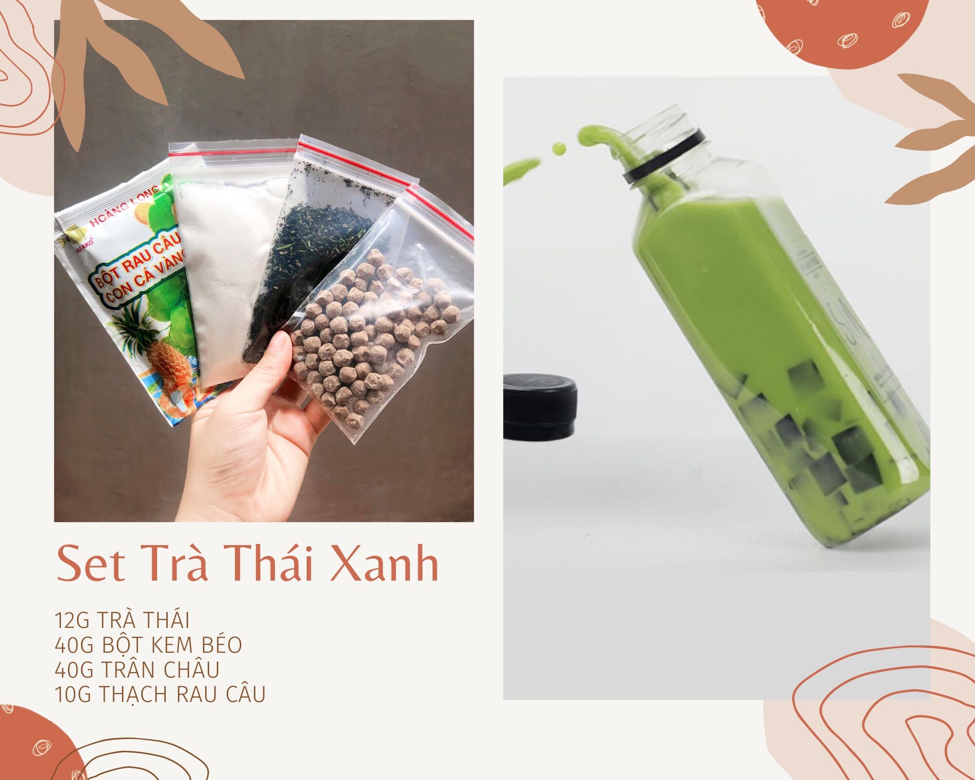 Set trà sữa thái xanh trân châu thạch