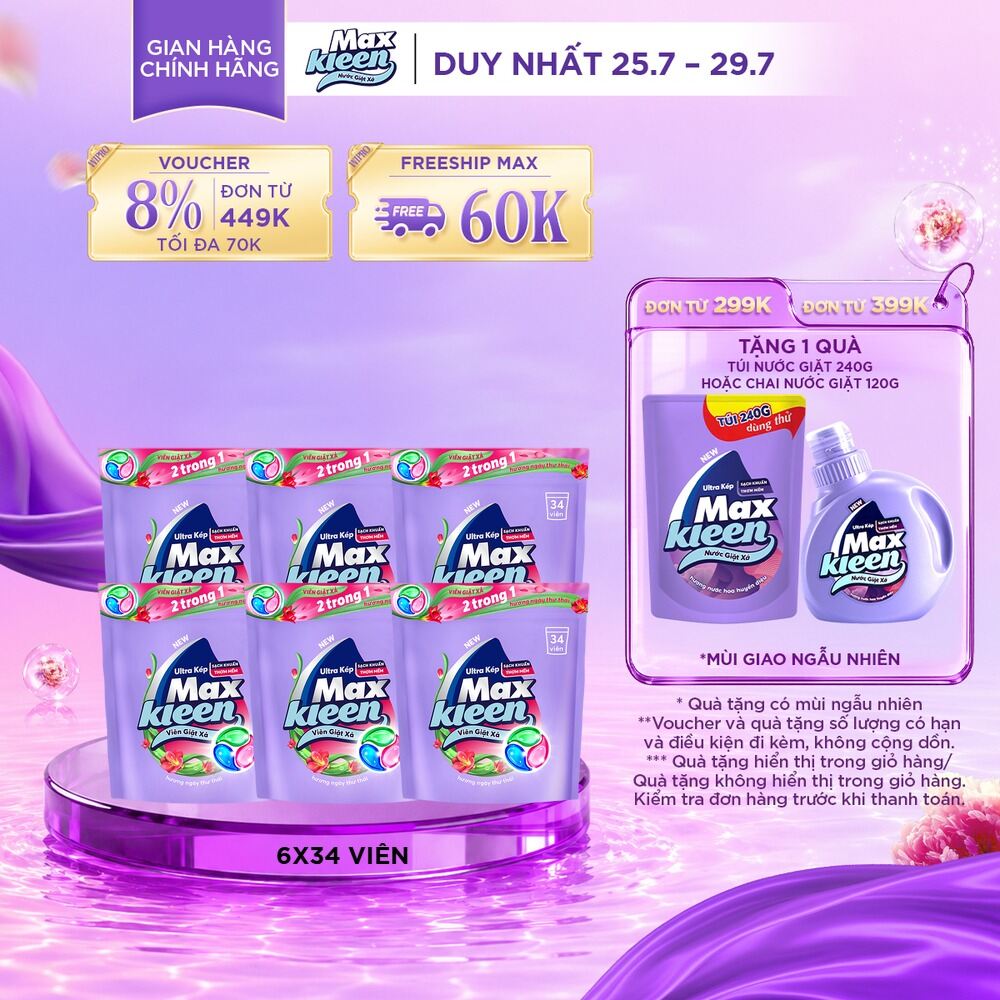 Combo 6 Túi viên giặt xả MaxKleen hương Nước Hoa Huyền Diệu (34 viên/ túi)
