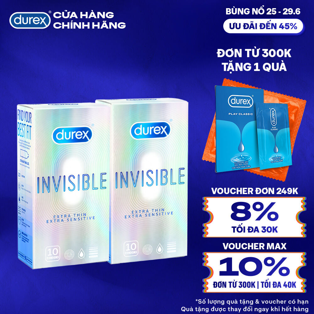 [25-29.06 - Voucher đến 45K] Bộ 2 hộp bao cao su Durex Invisible siêu mỏng, size 52mm, 10 bao/hộp