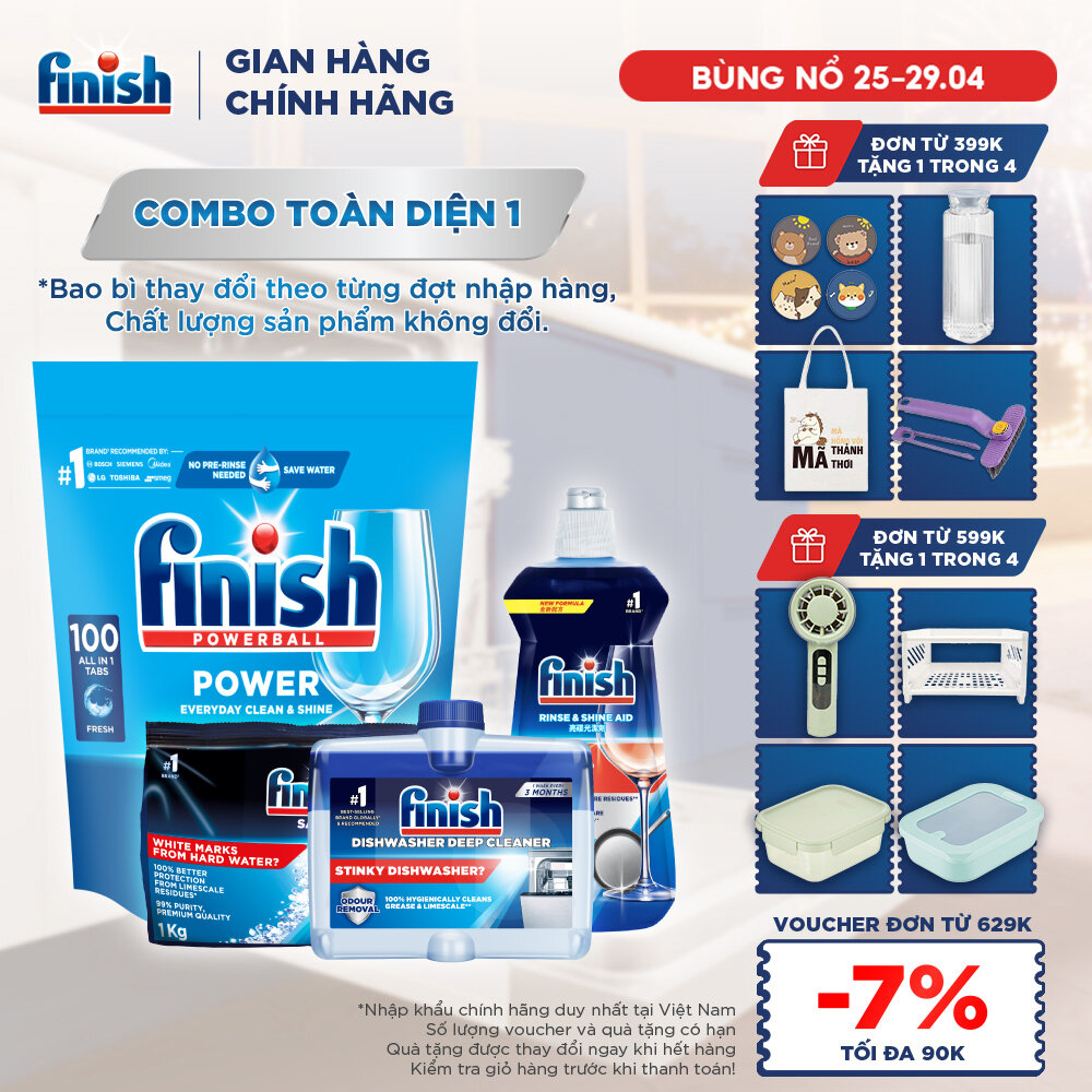 Combo Finish toàn diện 1: Everyday Shine  Clean + Nước Làm Bóng Finish 500ml + Muối Rửa Chén Finish Salt túi 1kg + Dung dịch vệ sinh máy