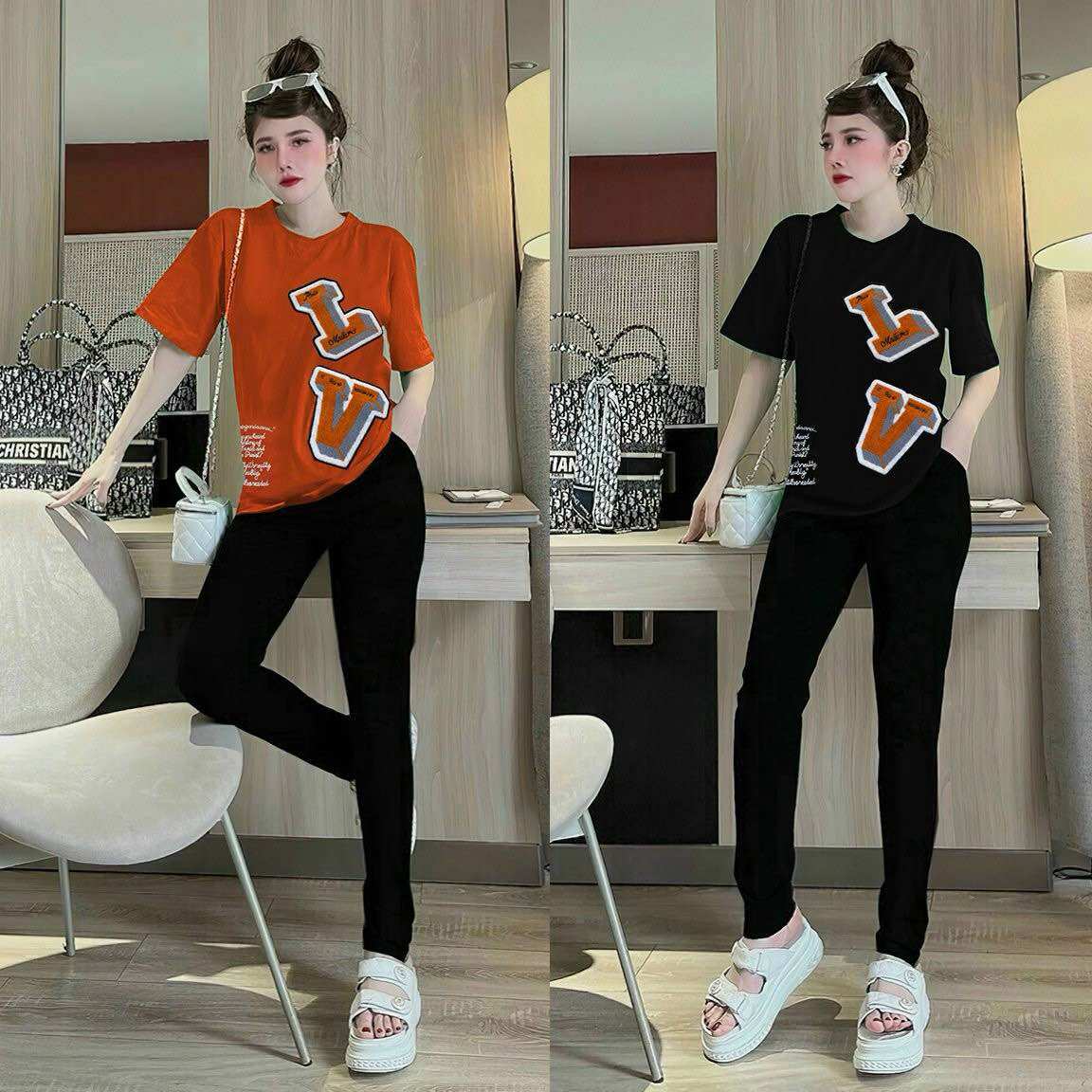 Sét quần dài cotton phối sọc thêu chữ xù quảng châu