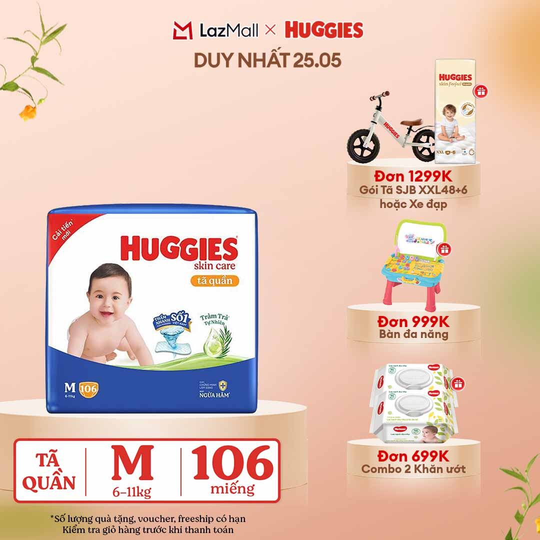 [CHỈ 25-29.05 GIẢM THÊM 90K]  Gói Tã/bỉm quần HUGGIES SKINCARE MEGA JUMBO size M 102+4 miếng