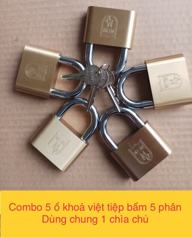 Combo 5 ổ khoá việt tiệp dùng chung 1 chìa chủ ( loại 5 phân khoá bấm , gồm 5 chìa khoá sơ cua )