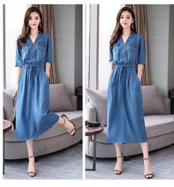 ĐẦM CAO CẤP- ĐẦM JEAN CỔ V KHÓA KÉO EO RÚT DÂY THANH LỊCH DUYÊN DÁNG