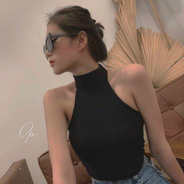 Áo cổ yếm hở lưng Thun Gân Croptop