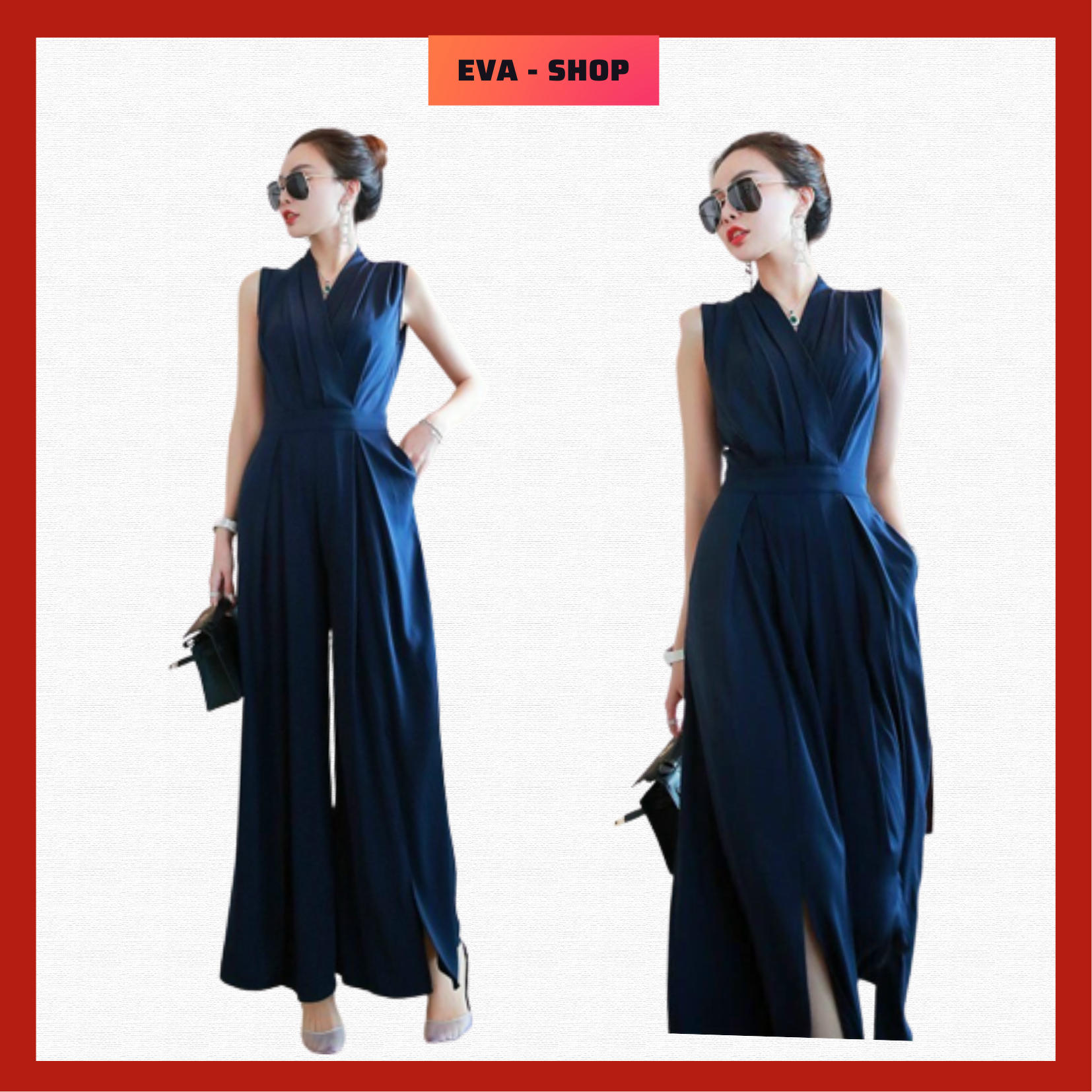 Jumpsuit nữ sang chảnh,jump nữ quần dài, cổ v xếp li cách điệu, 2 túi, quần xẻ tà trước, dây kéo sau lưng