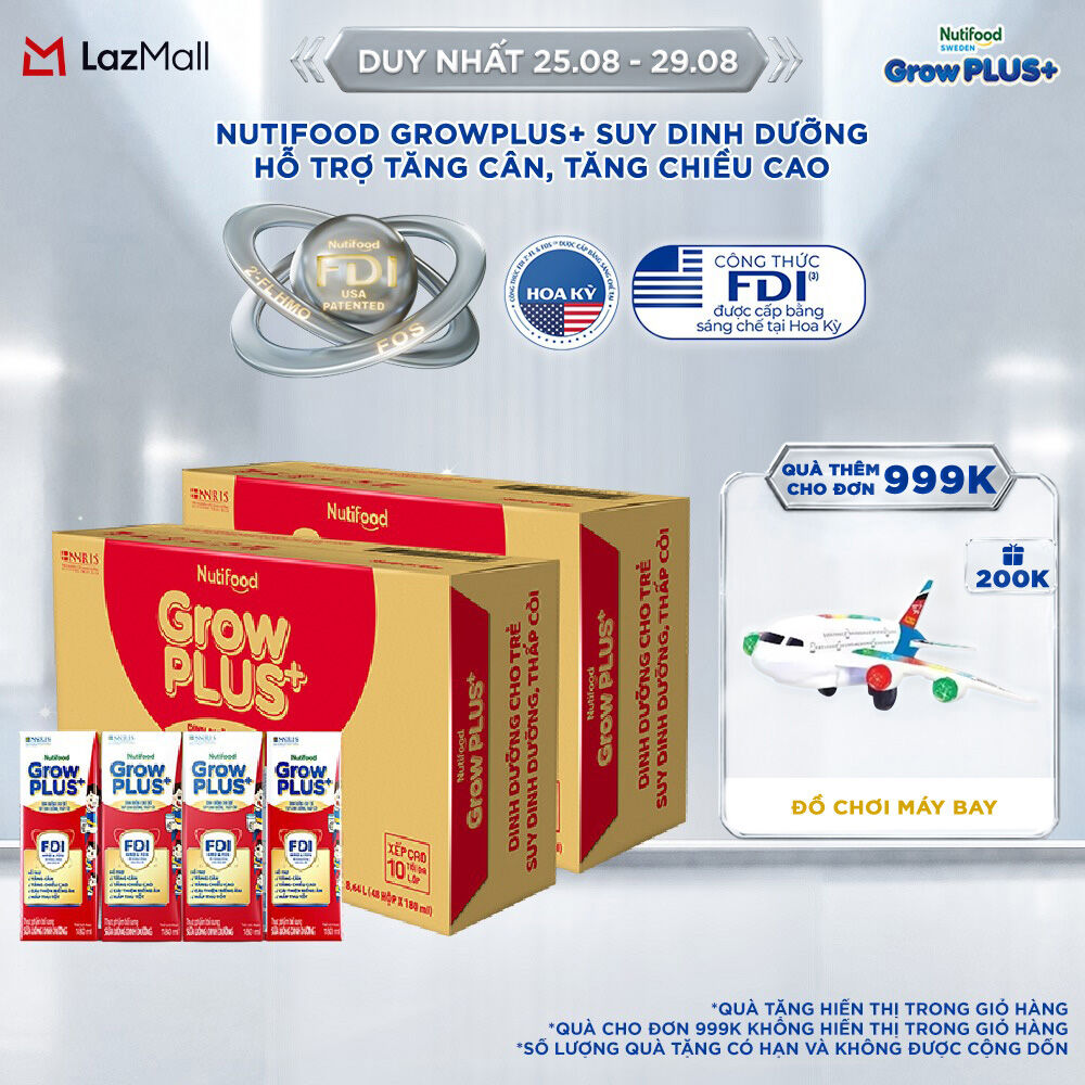 [HCM/HN - GIAO HÀNG HỎA TỐC] Combo 2 Thùng Sữa Nước Pha Sẵn Nutifood GrowPLUS+ Suy Dinh Dưỡng - Hỗ Trợ Tăng Cân, Tăng Chiều Cao - Trên 1 tuổi (48 Hộp x 180ml) (Bao bì tùy đợt nhập hàng)