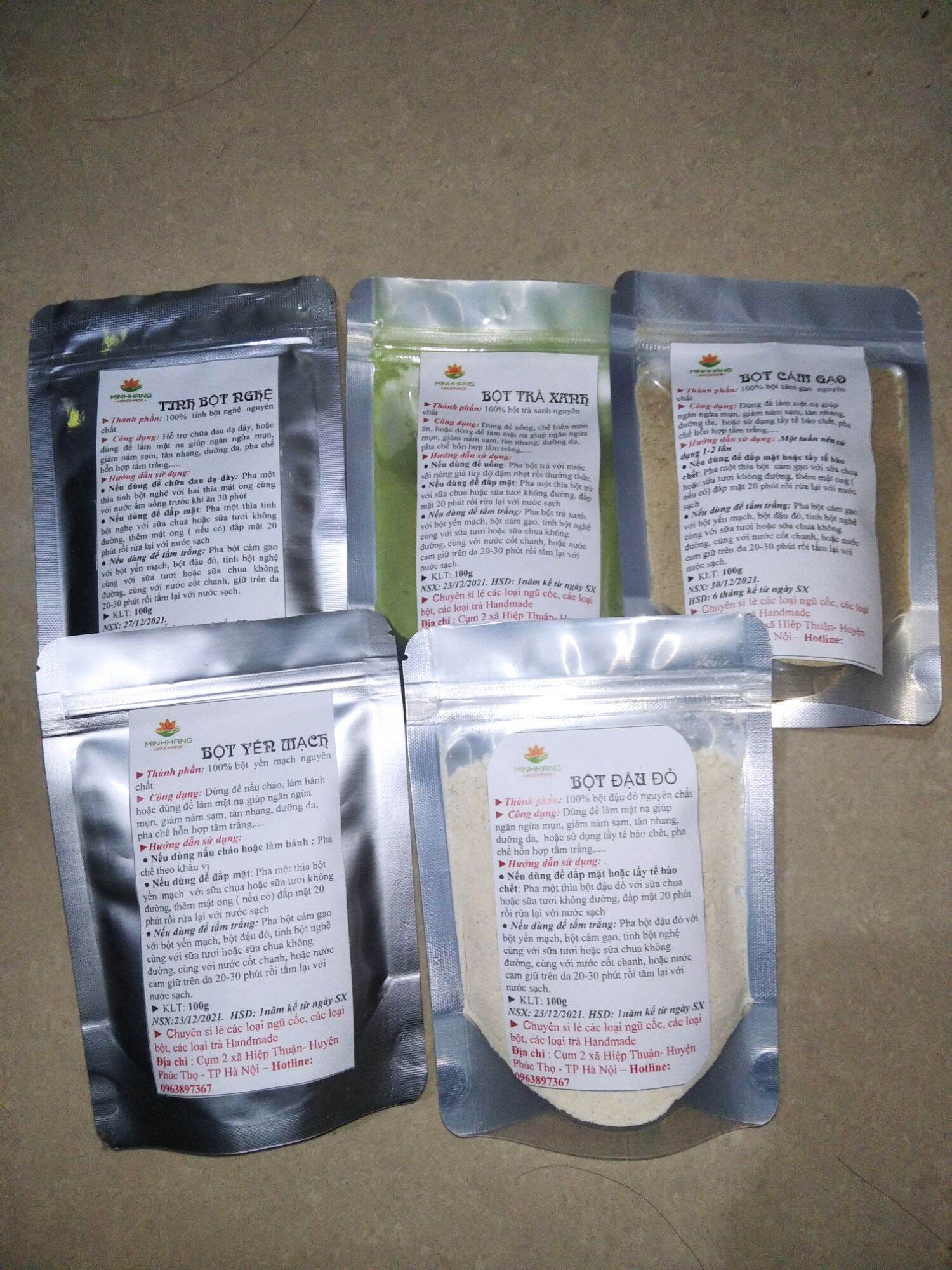 Combo 5 gói bột trà xanh bột cám gạo bột đậu đỏ bột yến mạch tinh bột nghệ 100g