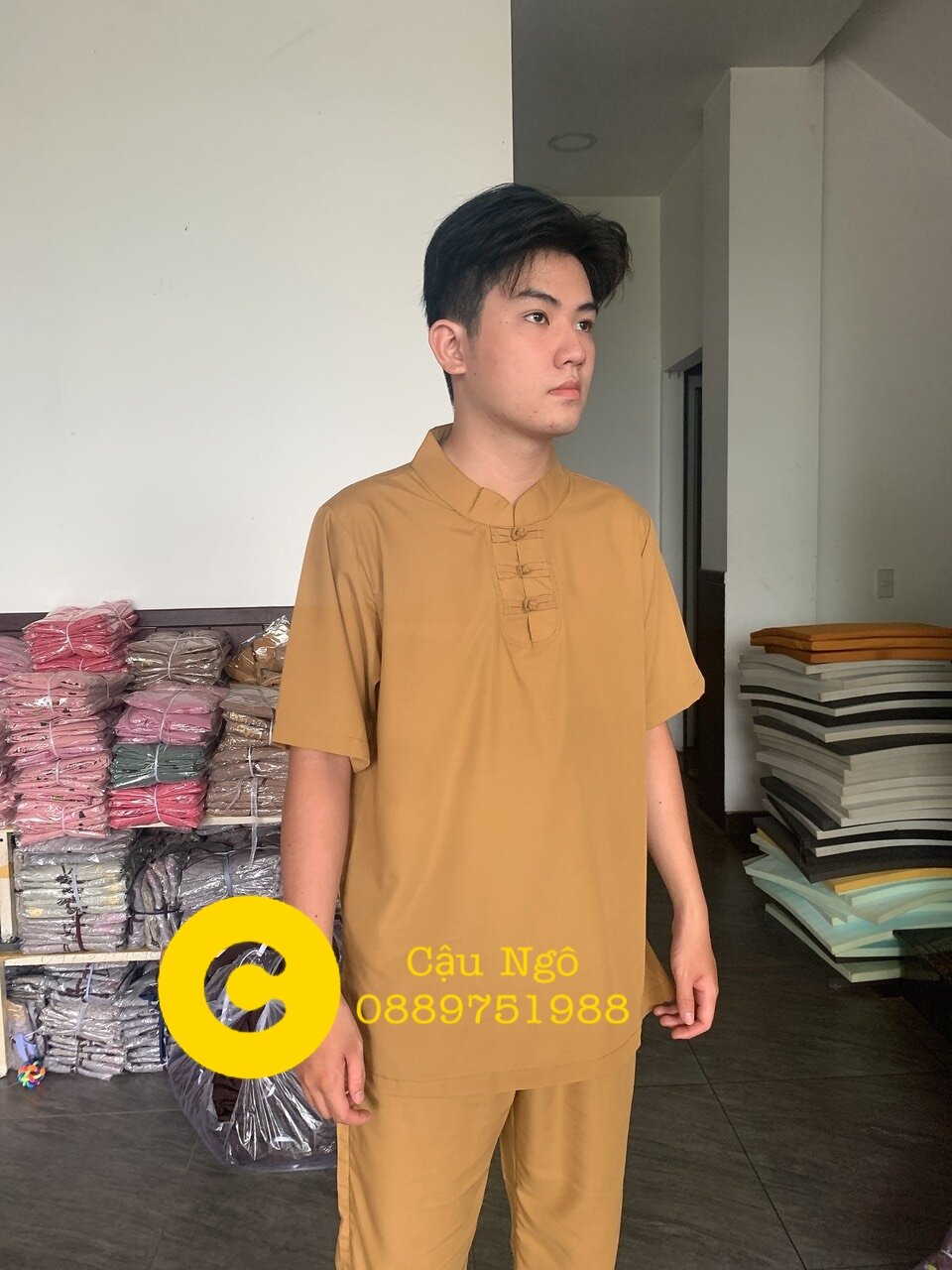 Đồ lam đi chùa nam, đồ phật tử mẫu 3 nút