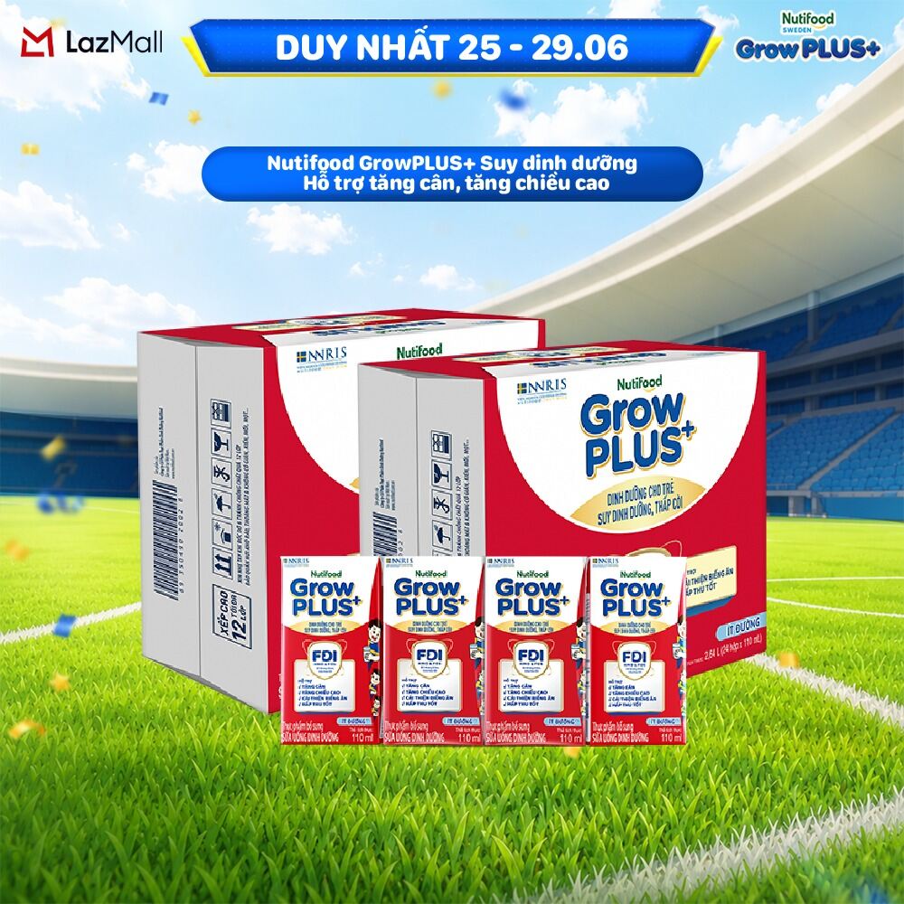 Thùng Sữa Bột Pha Sẵn Nutifood GrowPLUS+ Suy Dinh Dưỡng - Hỗ Trợ Tăng Cân, Tăng Chiều Cao Ít Đường (2x24 Hộp x 110ml) (Bao bì tùy đợt nhập hàng)