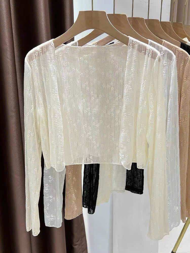 Áo khoác lửng ren mỏng hoa nổi tay dài