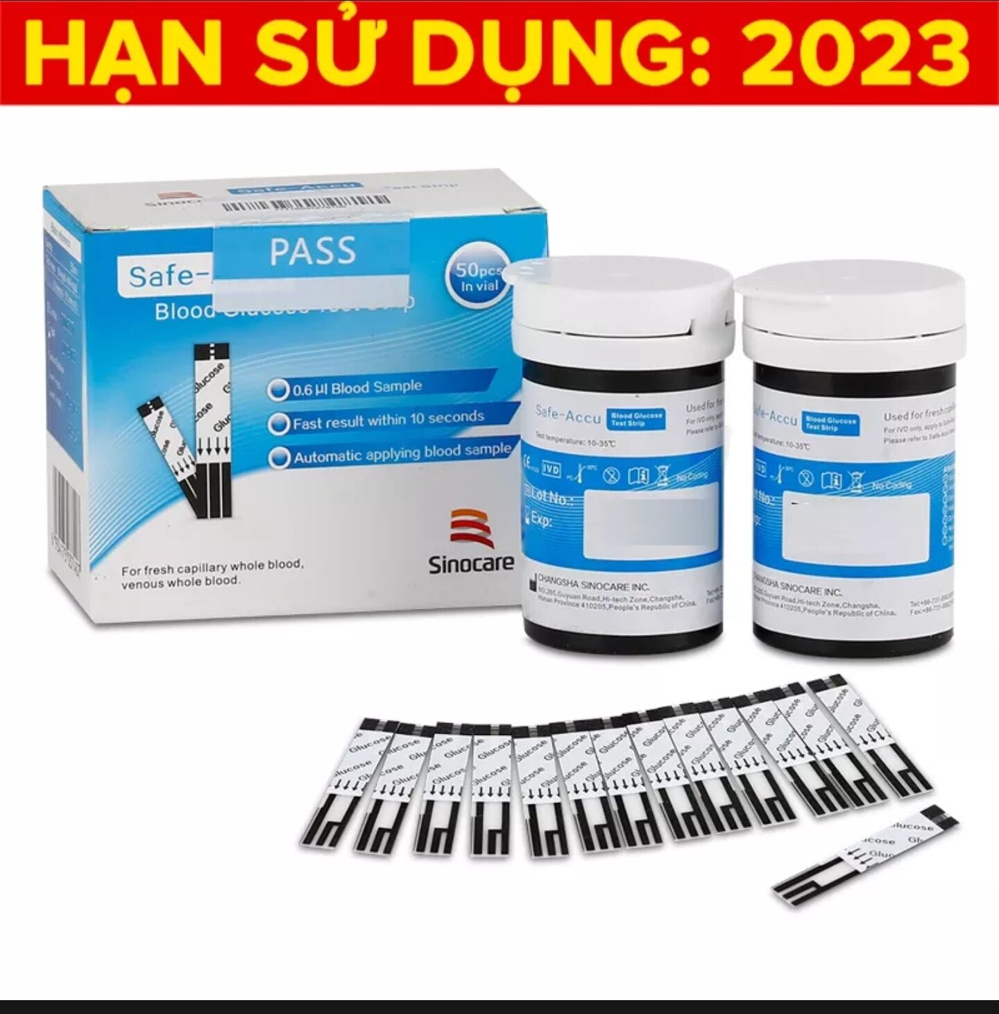 HSD 2023 Que thử đường huyết Sinocare Safe ACCU hộp 50 que thử + 50 kim