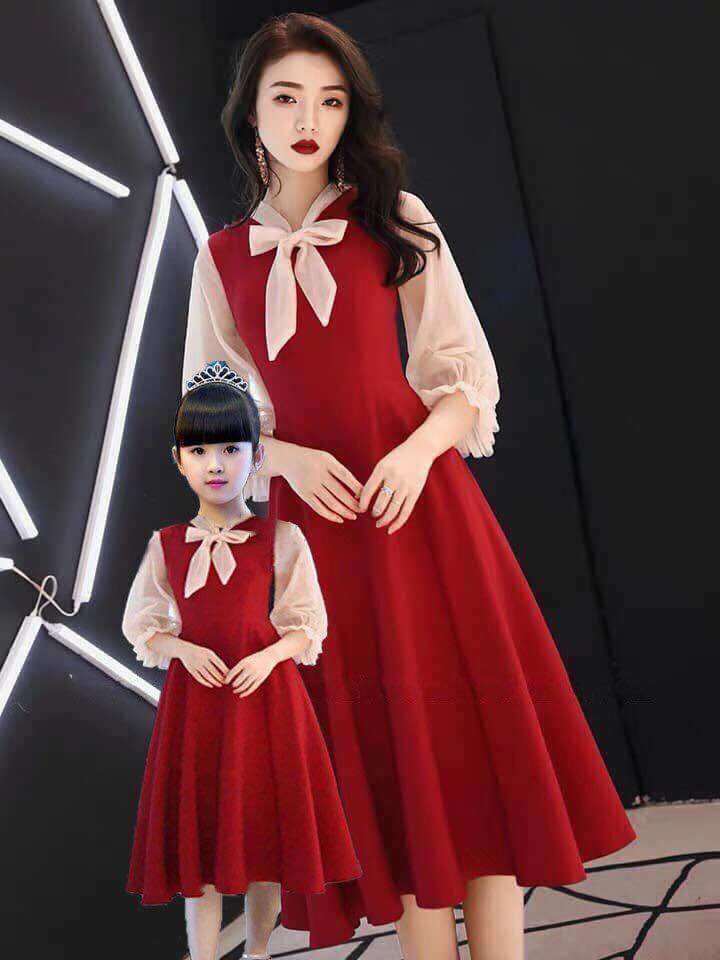 Đầm nude đỏ/ nude đen đủ size mẹ & bé