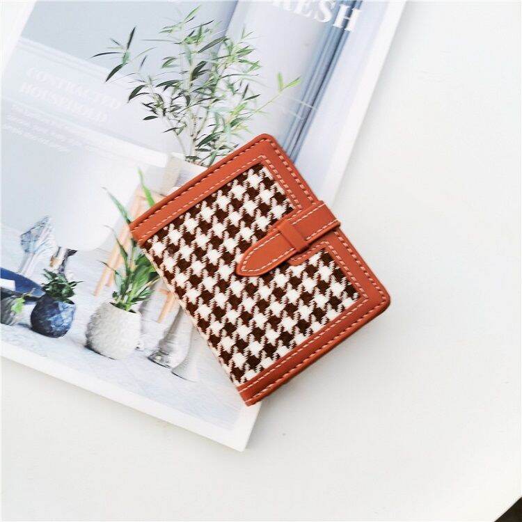 Houndstooth Canvas Wallet Female Short Student Korean Simple Ultra-Thin Contrast Color Double-Folding Purse Women's Card Holder