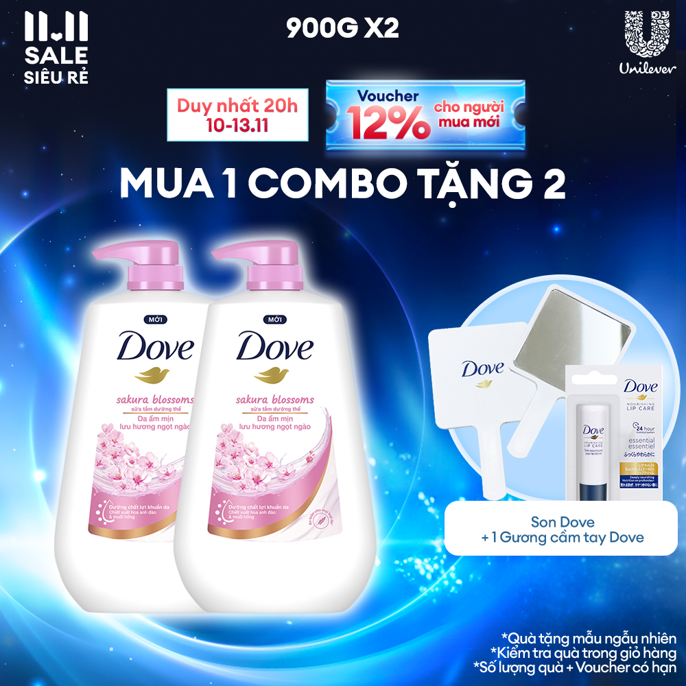 Combo 2 Sữa tắm dưỡng thể Dove Sakura Blossoms Da mịn hương hoa với hương hoa anh đào & muối hồng 90