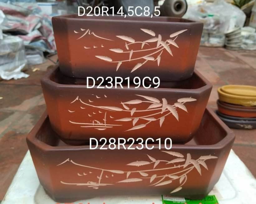 Bộ 3 chậu gốm vẽ lá trúc hàng dày đẹp