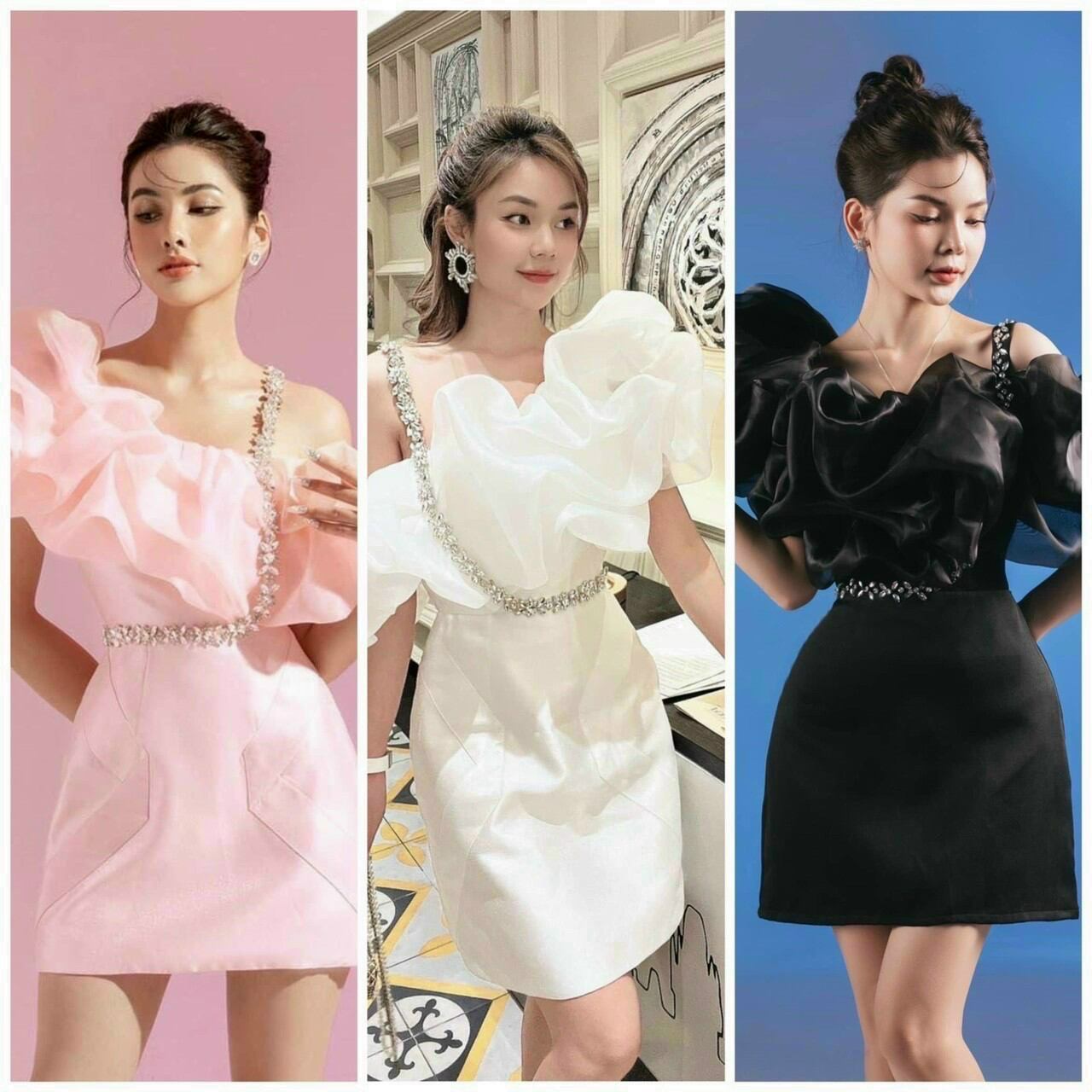 Đầm ánh kim bẹt vai nhúng phồng kết đá