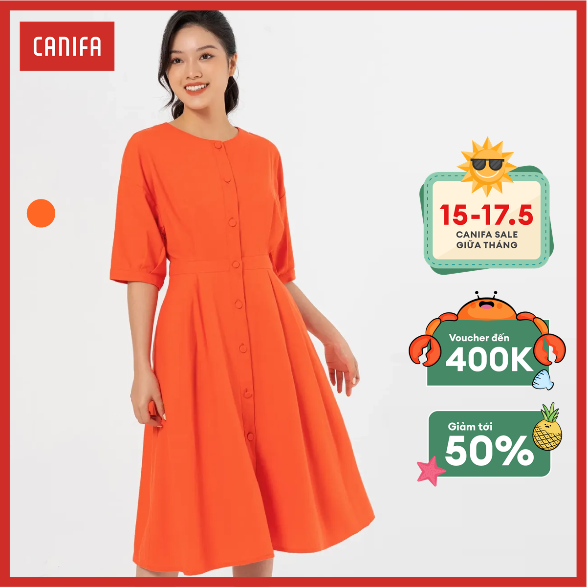 Váy liền nữ CANIFA chất liệu cottn linen có lớp lót, cúc dọc thân, dúm eo, dáng fit & flare 6DS22W025